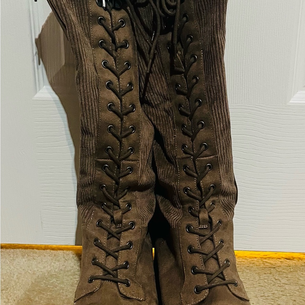 Brown Lace-Up Knee-High Boots